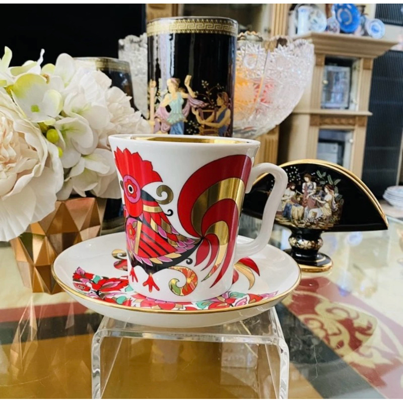 Mug Gelas Saucer Lomonosov Russia Red Rooster 375 ML Mewah Cantik