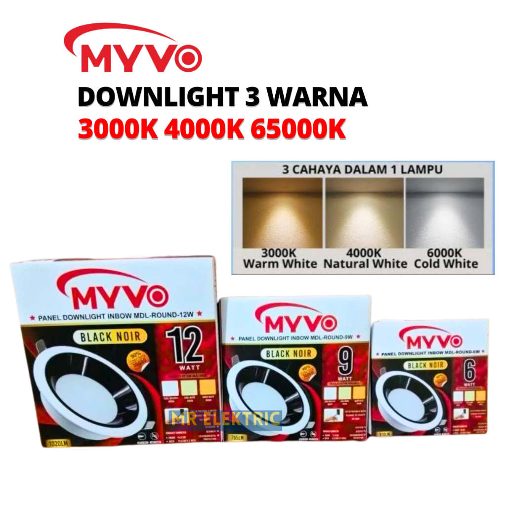 Lampu LED Downlight 3 Warna (Color) 6W 9W 12W Myvo Black Noir Glass Panel Plafon SNI