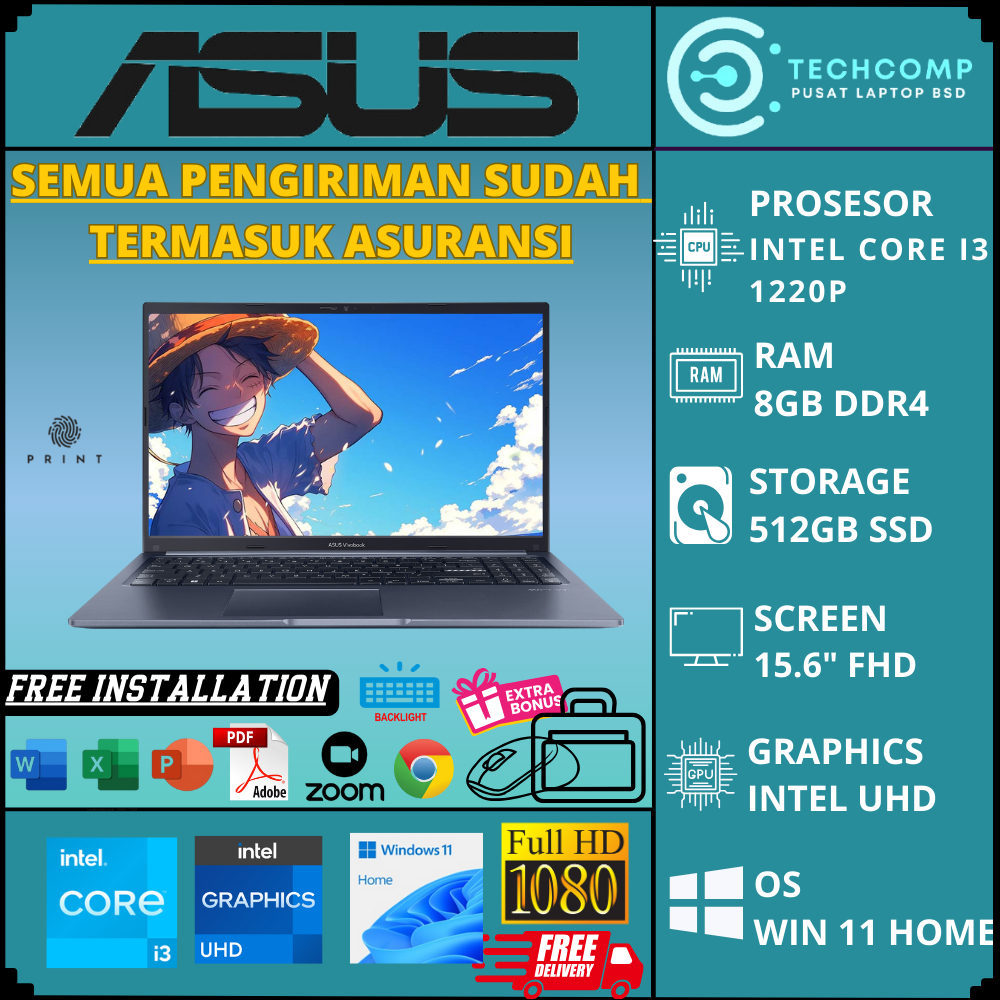 LAPTOP ASUS VIVOBOOK SLIM A1502ZA INTEL CORE i3 1220P RAM 8GB SSD512GB FHD IPS WINDOWS 11 DAN FREE O