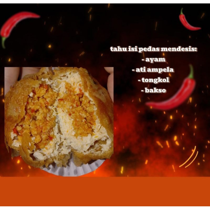 

tahu isi pedas mendesis isi ayam, tongkol,bakso,ati ampela 1 bungkus isi 5