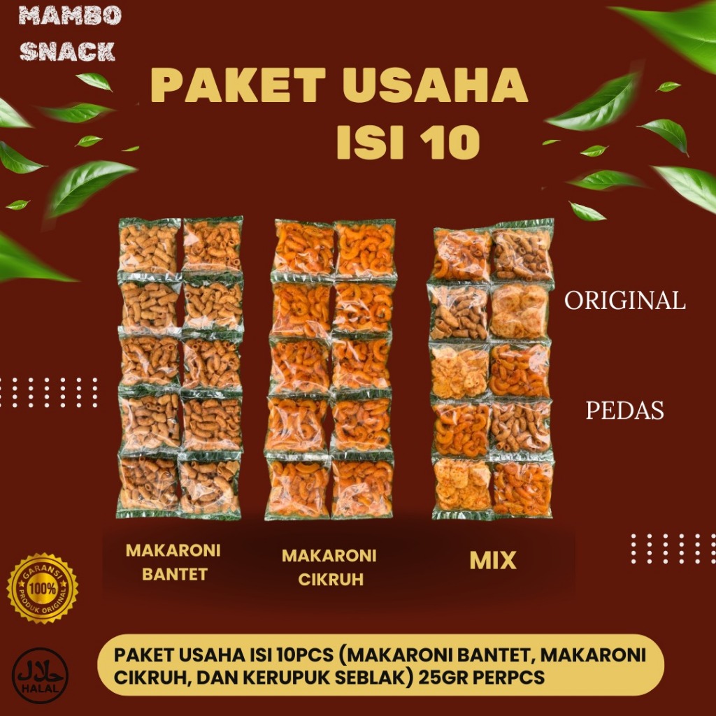 

PAKET USAHA Isi 10 Pcs - Makaroni Bantet, Makaroni Cikruh dan Kerupuk Seblak Pedas Gurih Lebih Murah