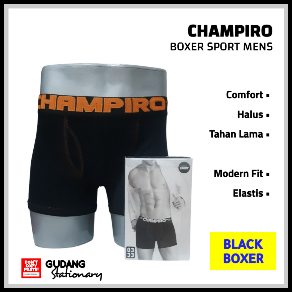 CHAMPIRO Boxer Active Sport Black Pria [ isi 3 pcs ]