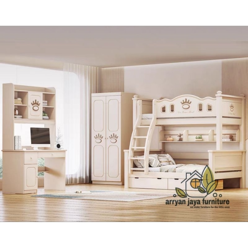 tempat tidur tingkat anak set meja belajar dan lemari