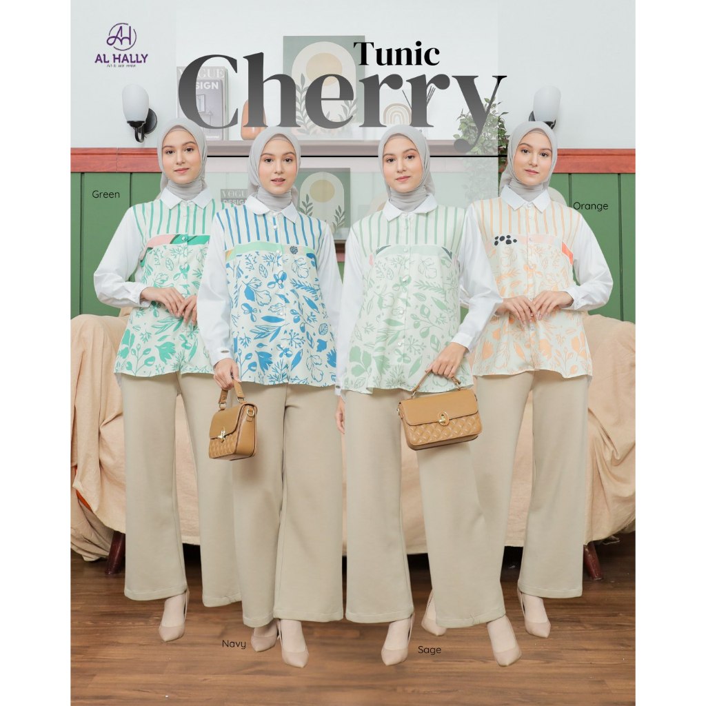 AL HALLY - CHERRY Tunik Green, Orange, Navy, Sage ll (COD) Terbaru pakaian blouse katun wanita  kanc