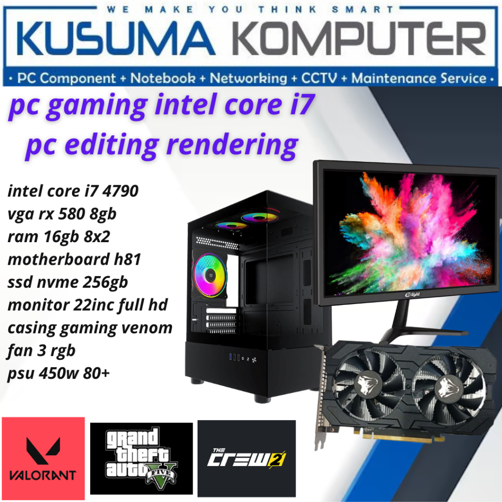 PC FullSet Gaming intel Core i7 4790 VGA RX580 MONITOR 22"