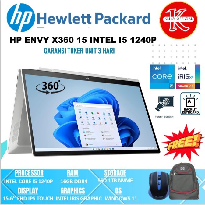 Laptop Touchscreen Hp Envy 15 X360 Intel Core I5 1240P Ram 16Gb Ssd 1Tb Silver New