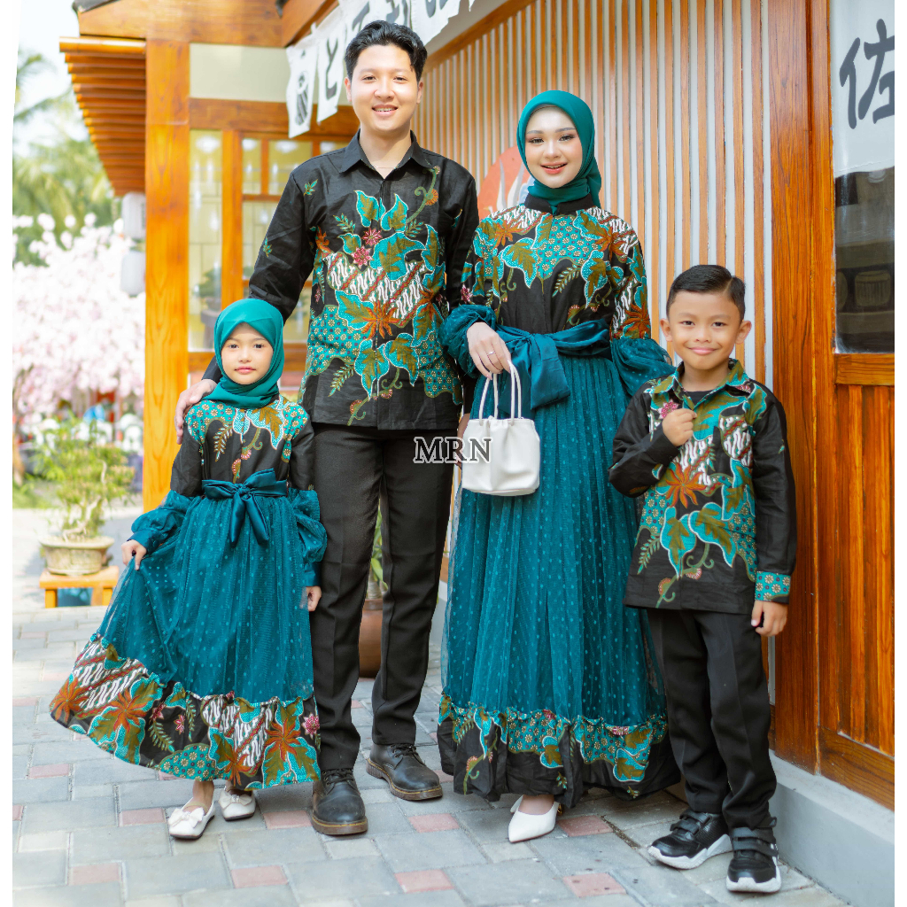 Rins Batik Couple Keluarga Gamis Ibu Anak Ayah Gamis Lebaran 2024 Kombinasi Batik Etnik Mix Tile Bus