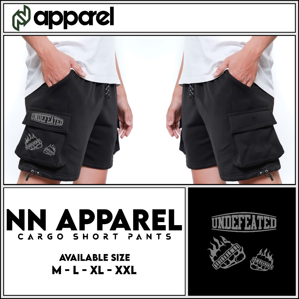 NNapparel celana cargo pendek UNDEFEATED shorts cargo fleece hitam Tebal