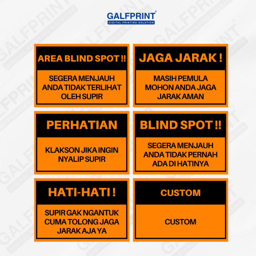 

GALFPRINT STICKER A4 BESAR SUPIR BLIND SPOT 20X30 BESAR / VINYL / STIKER PERHATIAN