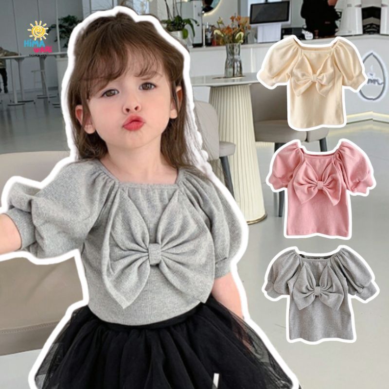 ATASAN ANAK PEREMPUAN ALICIA LENGAN BALON AKSEN PITA POLOS KNIT OOTD PREMIUM