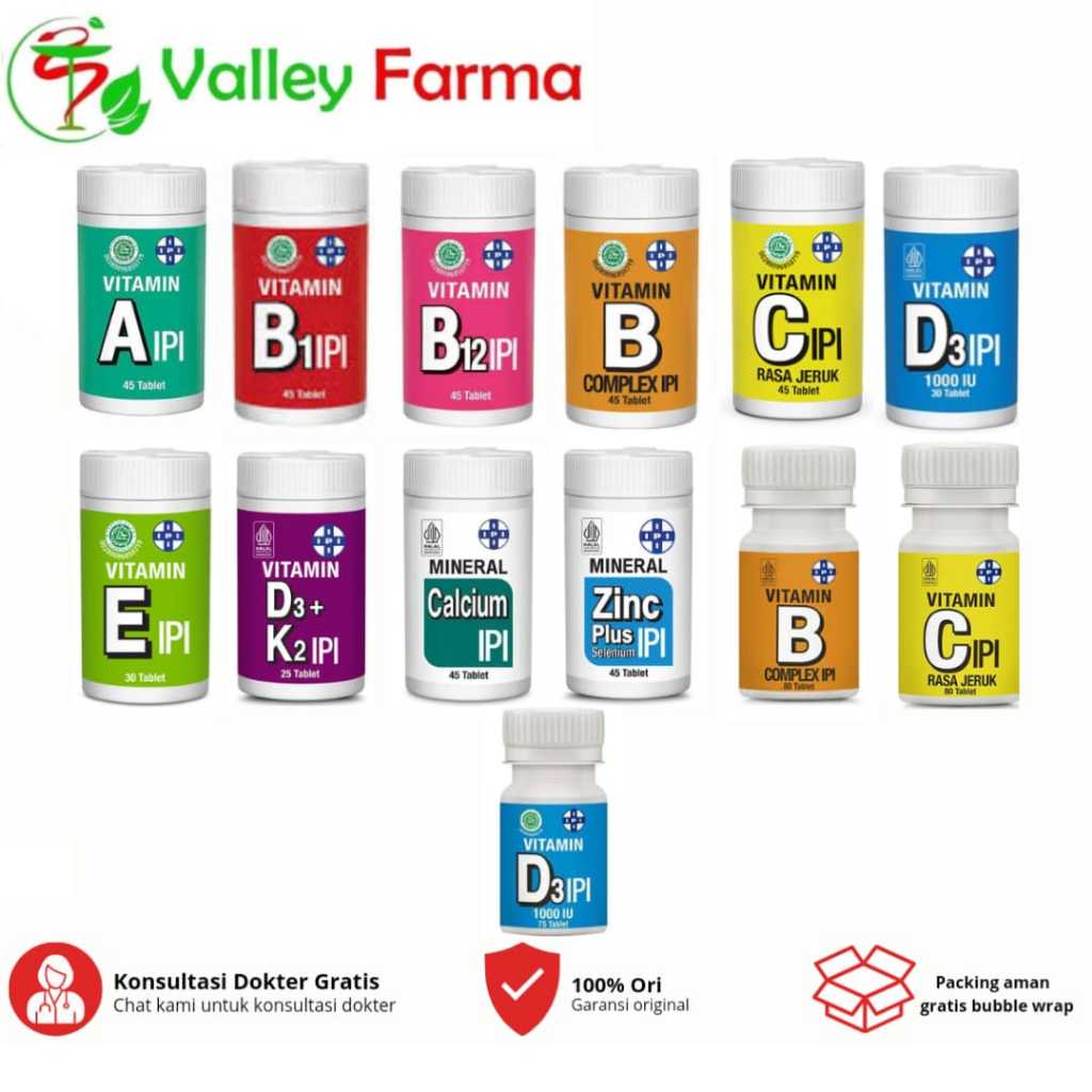 IPI Vitamin A B1 B12 B Complex C D3 D3+K2 E Mineral Calcium Zinc Plus