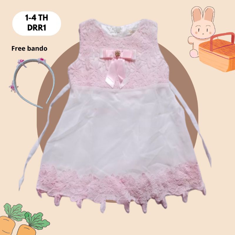 DRESS ANAK LENGAN PENDEK PITA PINK PUTIH + BANDO TUTU BERTALI BRUKAT