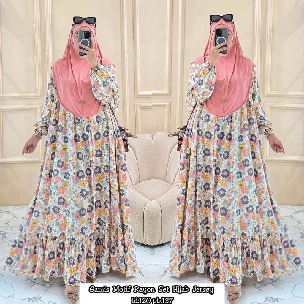 GAMIS RAYON FREE HIJAB BERGO JERSEY, HOMEDRESS JUMBO MOTIF KEKINIAN TERBARU 2024
