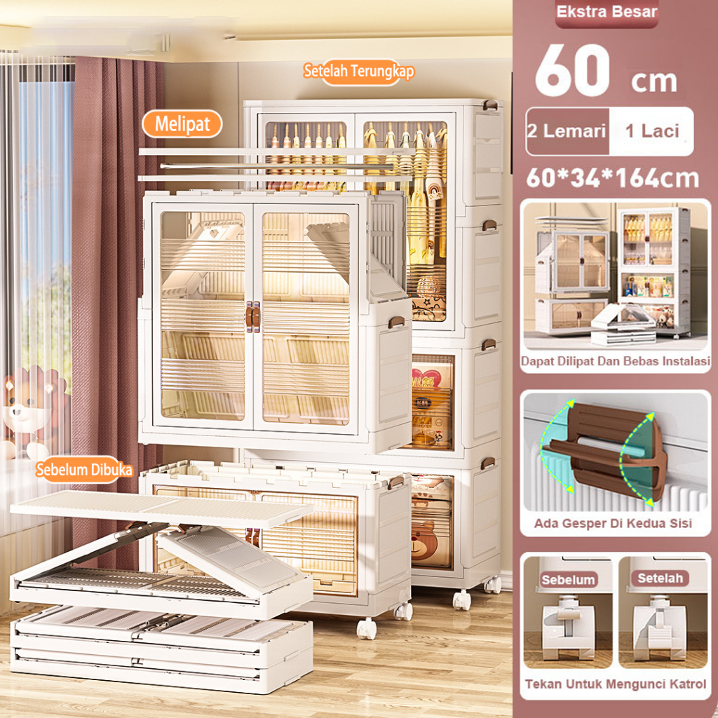 Wardrobe Plastik Lemari rak serbaguna roda Baju Bayi Susun Clothes Wardrobe Plastic lemari pakaian p