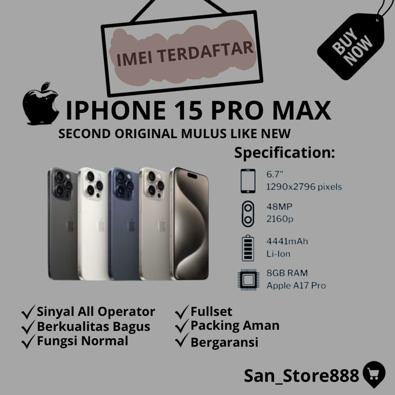 iPhone 15 Pro Max 128GB/256GB/512GB/1TB (IMEI TERDAFTAR BEA CUKAI) Seken Like New