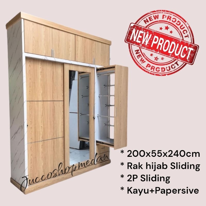 [ Jucco ] Lemari Pakaian Kayu 2 Pintu Sliding - Lemari Pakaian Minimalis Rak Hijab - Lemari Pakaian 