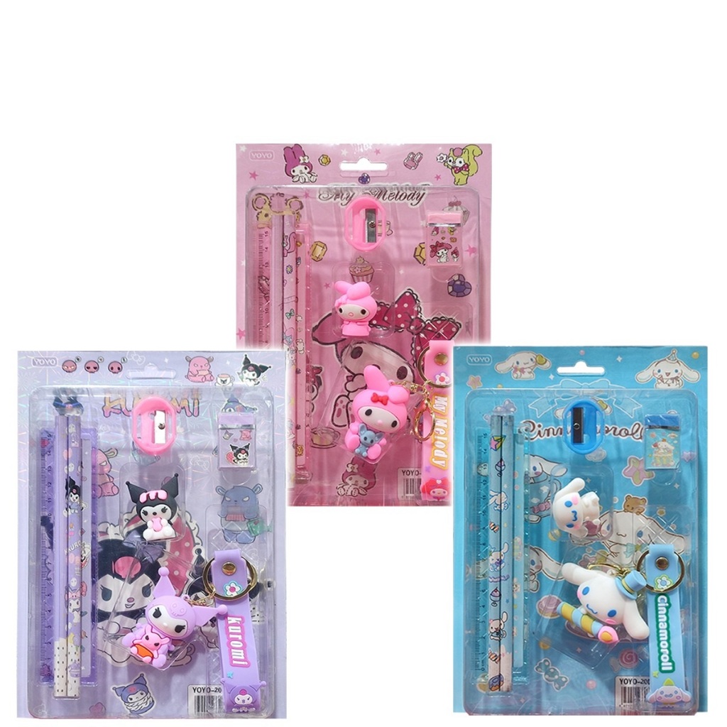 

Rmdodo - Paket Alat Tulis Set 6 in 1 Karakter Sanrio / Stationery Set Untuk Hadiah Anak Sekolah / Alat Tulis Set Pensil Rautan Penghapus Penggaris Gantungan Kunci