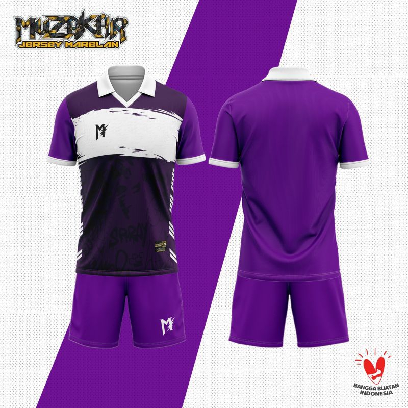 MUZAKAR Baju Futsal Setelan Stelan Jersey Purple Ungu List Putih Berkerah , Bisa Sablon