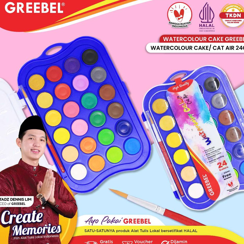 

KODE D7V7 GREEBEL Cat Air Isi 24 Warna Watercolor Cake Gratis Kuas 24C CAKE Cat Air Cat Lukis Melukis Mewarnai