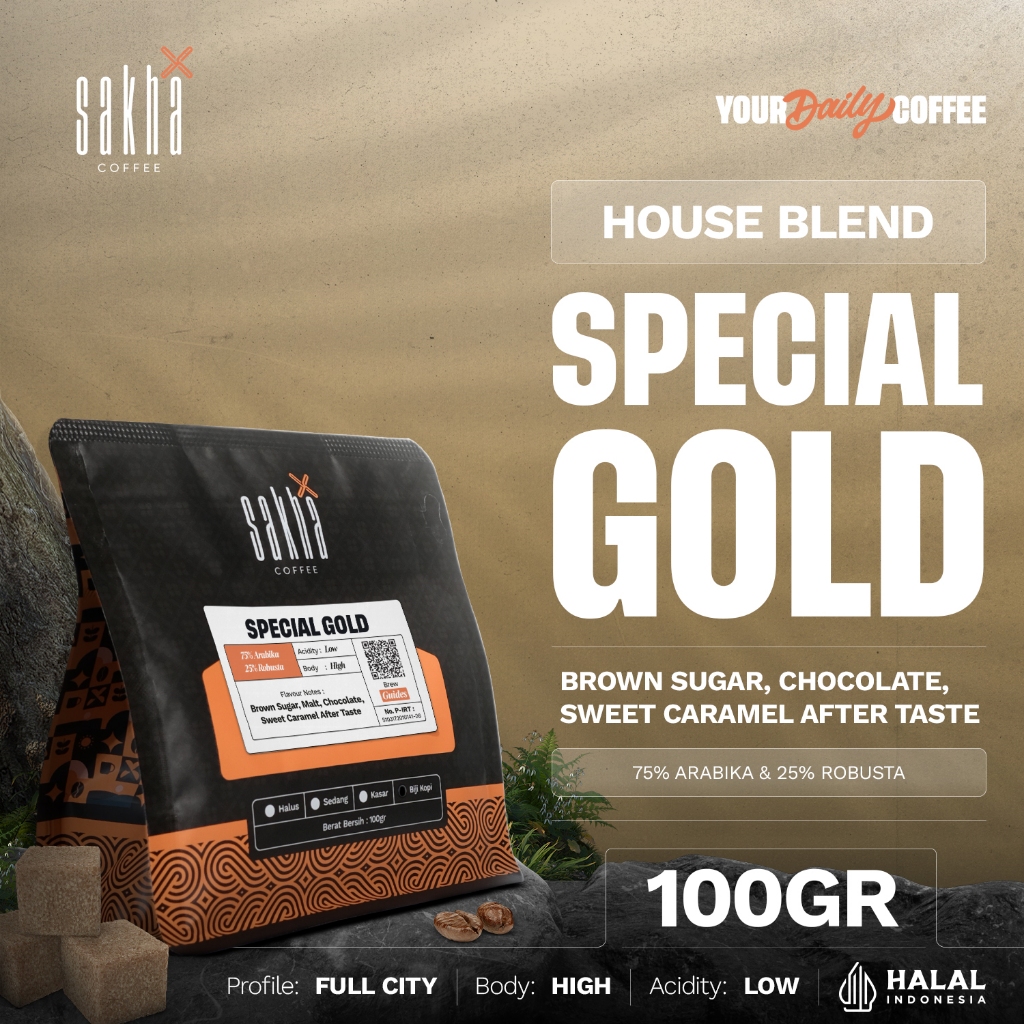 

Kopi Espresso Special Gold Blend Coffee Beans 100gr Biji Bubuk Sakha Coffe Roastery