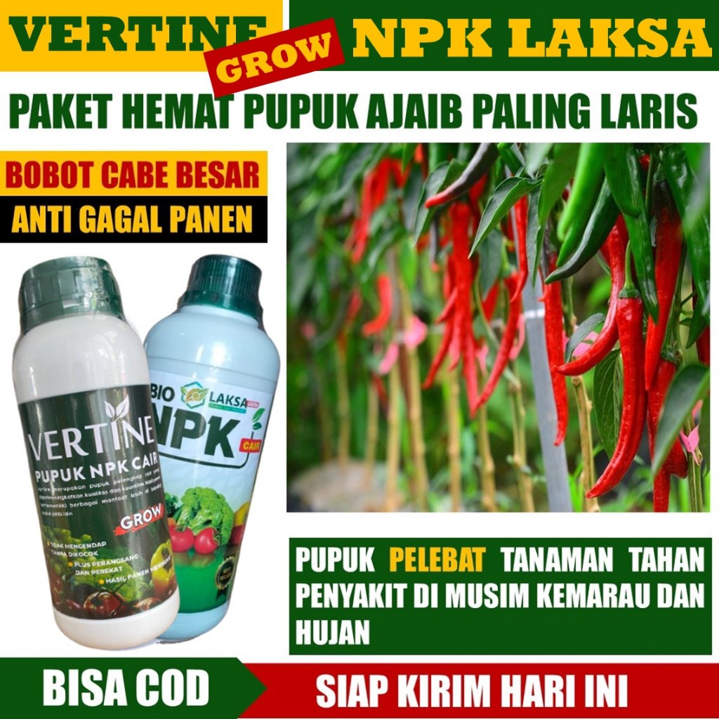 1 BOTOL VERTINE-GROW 1 BOTOL NPK LAKSA Paket Pupuk Pelebat Cabe/Cabai Tanpa Hama Penyakit di Musim H