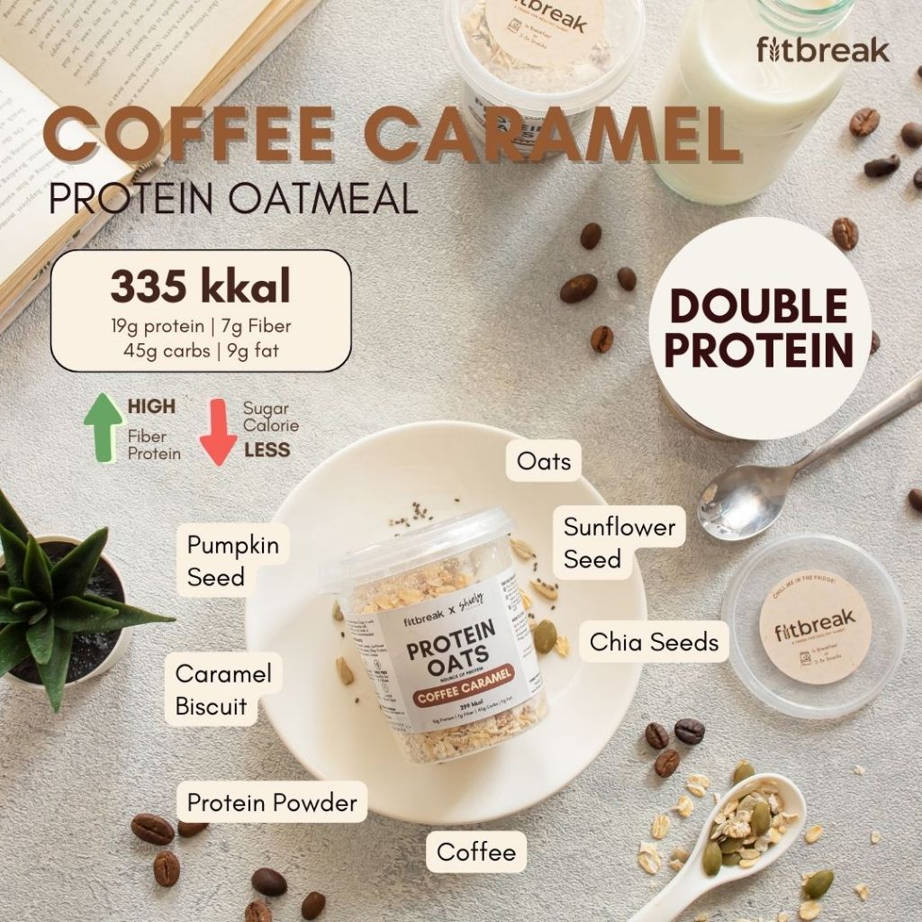 

Coffee Caramel Double Protein Oatmeal Fitbreak Tinggi Serat / Healthy Snack / Instant Oats / Overnight Oats / Diet Friendly / Sarapan / Oatmeal