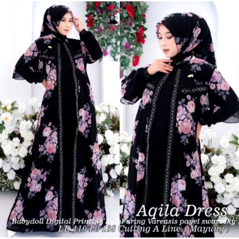 Store757 Gamis AQILA BABY DOLL, gamis baby doll, gamis mewah harga murah, full printing
