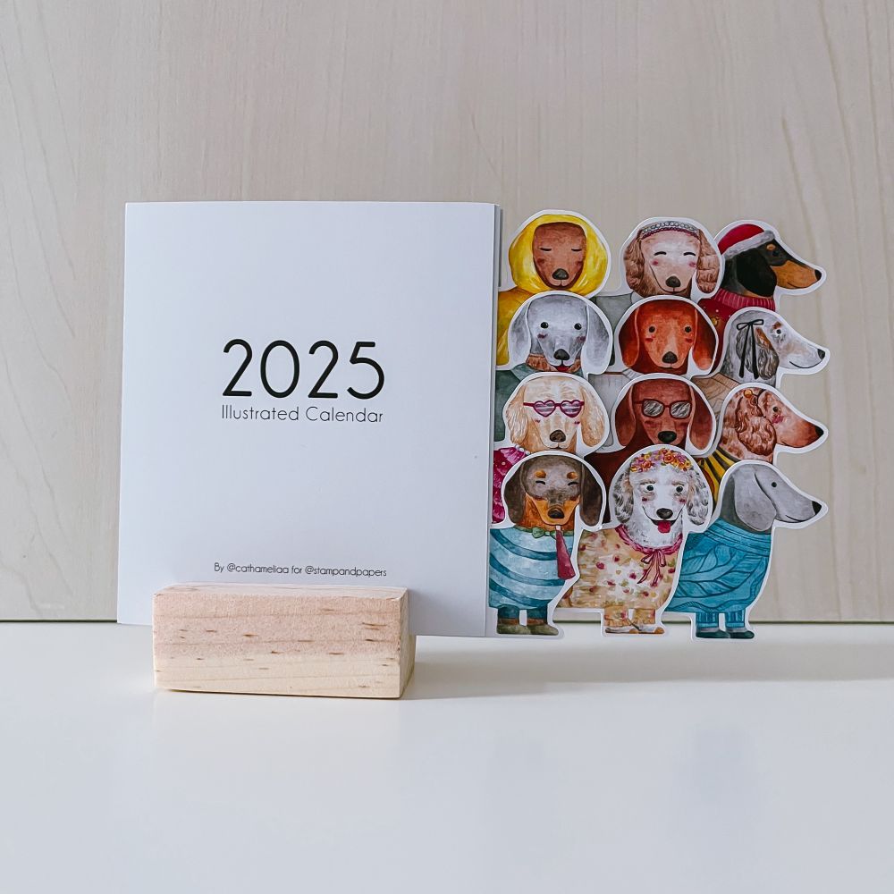 

STAMP AND PAPERS The Dachshund Dog 2025 Desk Calendar / Kalender Meja Ilustrasi Anjing
