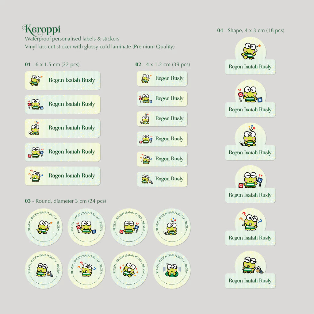 

KEROPPI / STICKER NAMA SINGLE PACK (4 Bentuk , 4 Ukuran) / Sticker Vinyl Waterproof (Tahan Air & Anti Sobek) / Label Sekolah / Label Nama Anak