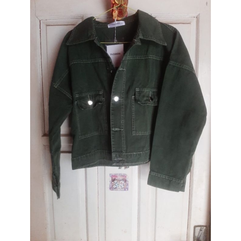 NEW jaket denim crop warna hijau army