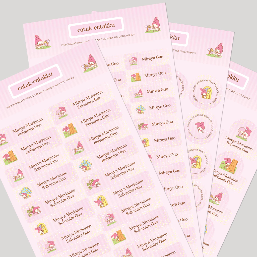 

MY MELODY (Secret Garden) / STICKER NAMA COMBO PACK - 103 pcs (4 Bentuk , 4 Ukuran) / Sticker Vinyl Waterproof (Tahan Air & Anti Sobek) / Label Sekolah / Label Nama Anak
