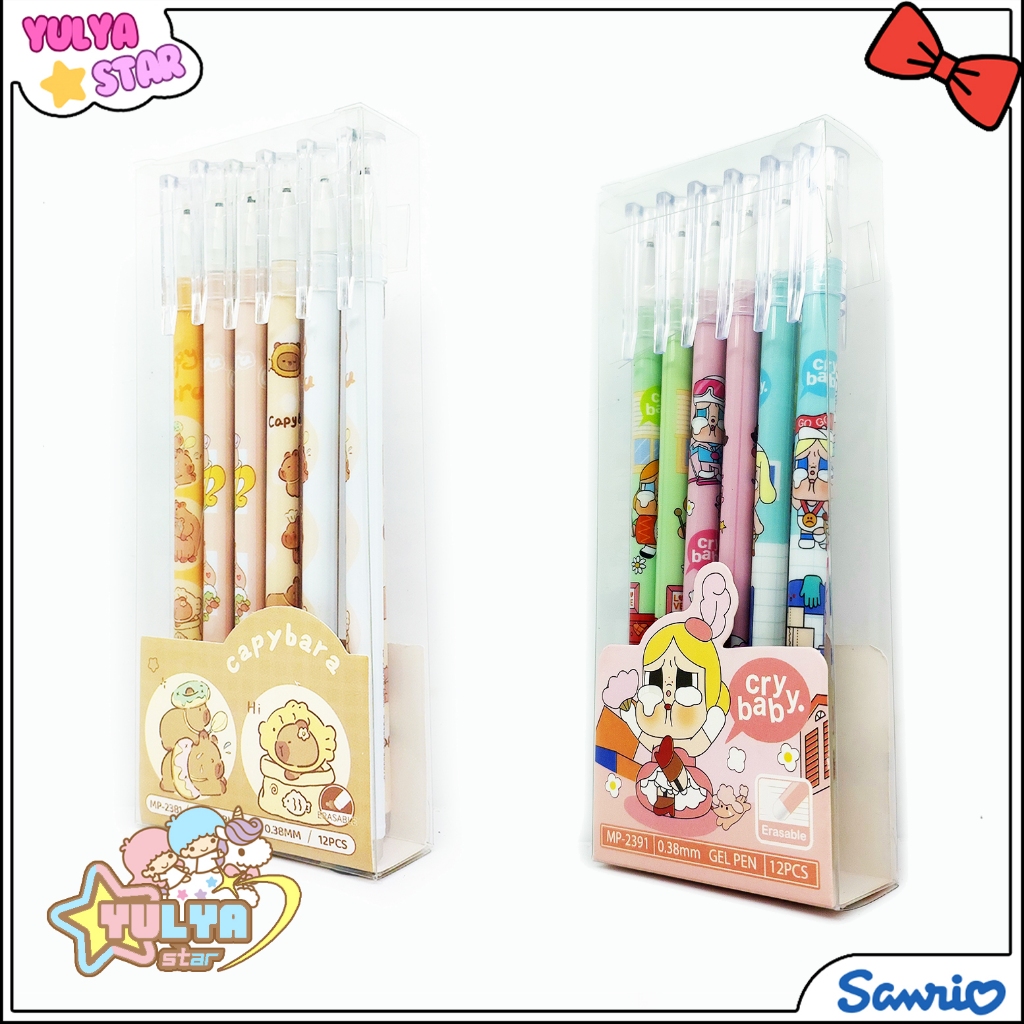 

12 Set Pulpen lucu motif capybara & crybaby