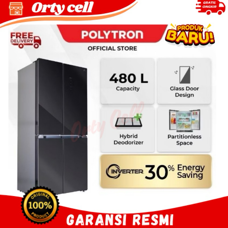 KULKAS 4 PINTU POLYTRON PRS 510X INVERTER BLACK GLASS 480 L GARANSI RESMI