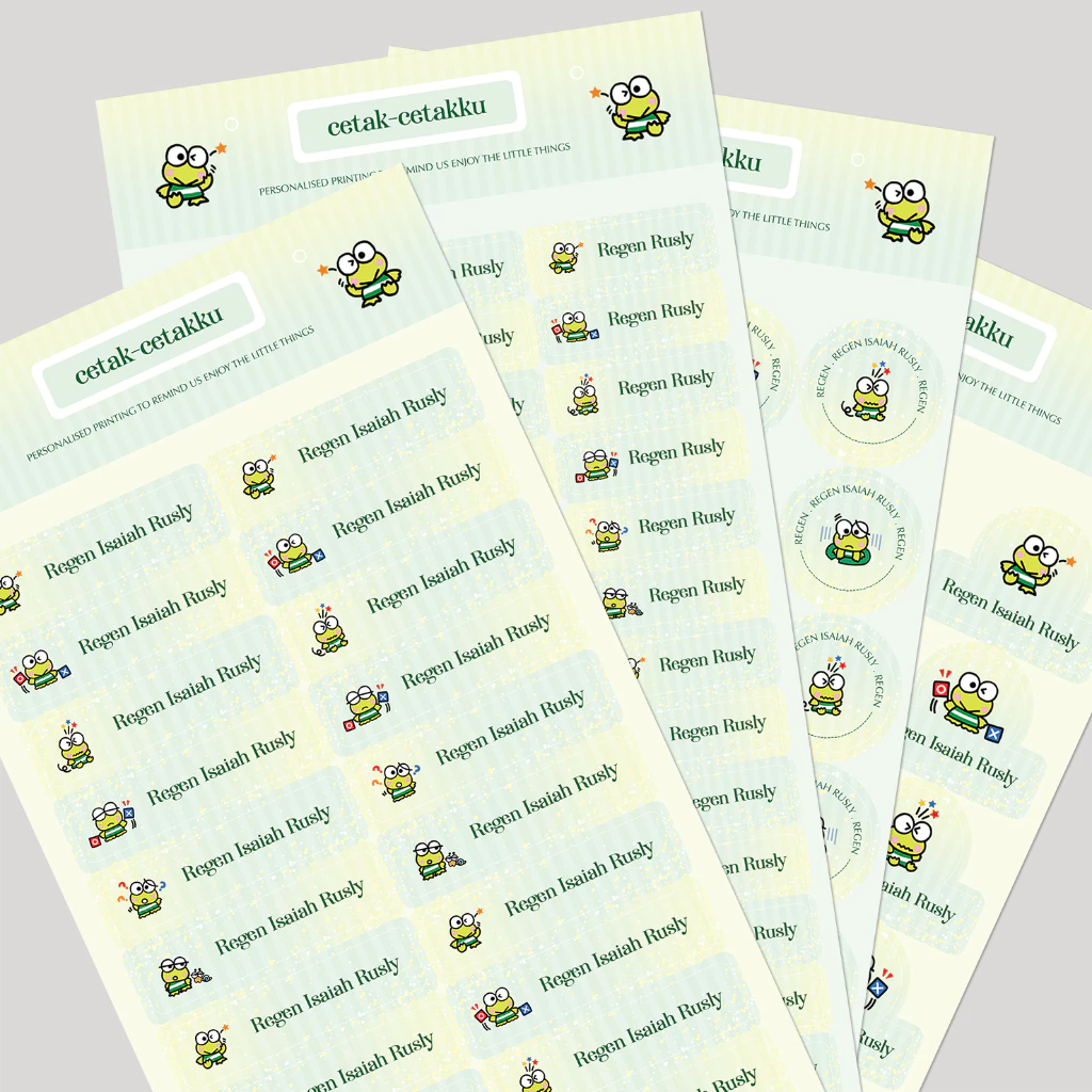 

KEROPPI / STICKER NAMA COMBO PACK - 103 pcs (4 Bentuk , 4 Ukuran) / Sticker Vinyl Waterproof (Tahan Air & Anti Sobek) / Label Sekolah / Label Nama Anak