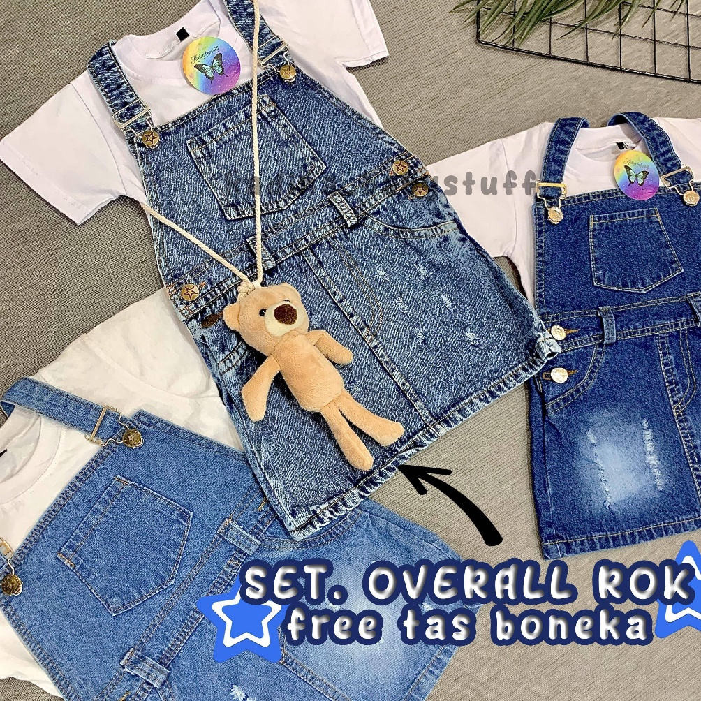 ART I66R OVERALL ROK JEANS ANAK PEREMPUAN  SETELAN OVERALL ROK ANAK PEREMPUAN FREE BONEKA  FREE BONE