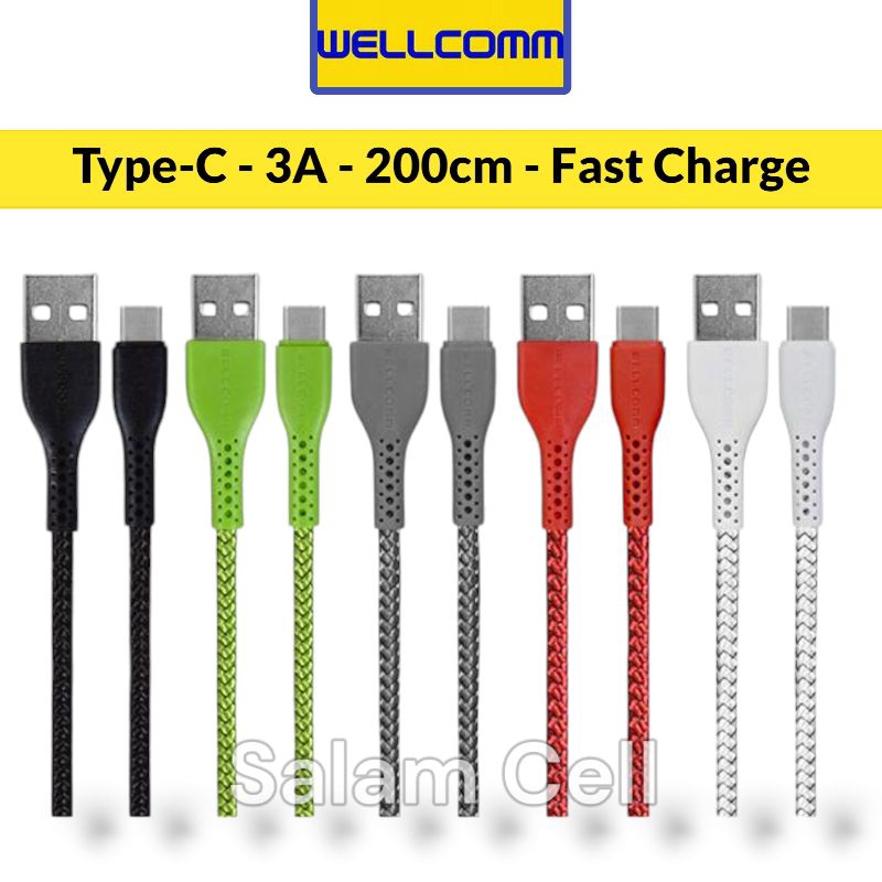 Kabel Data Type-C WELLCOMM Nylon 3A Panjang 2M Original Garansi Resmi