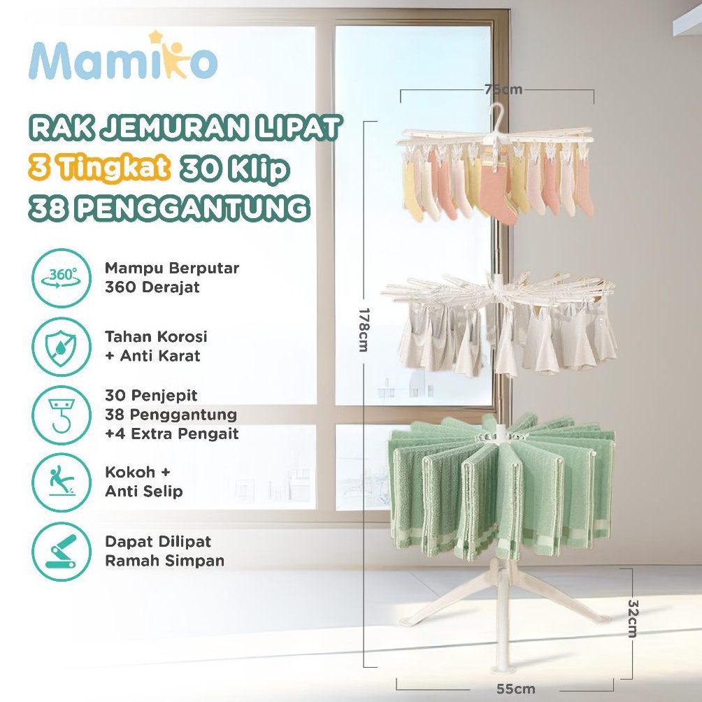 Mamiko Rak Jemuran 3 Tingkat 3 Klip  Jemuran Baju Bayi Lipat  Multifunctional Folding Hanger  Menara