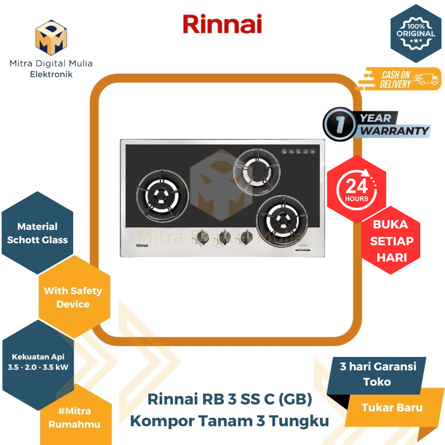 Rinnai RB-3SS-C (GB) Built In Hob 3 Tungku