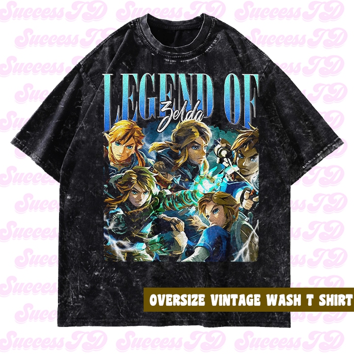 Kaos Oversize Legend Zelda Vintage Wash Kaos Basic Game Black Unisex