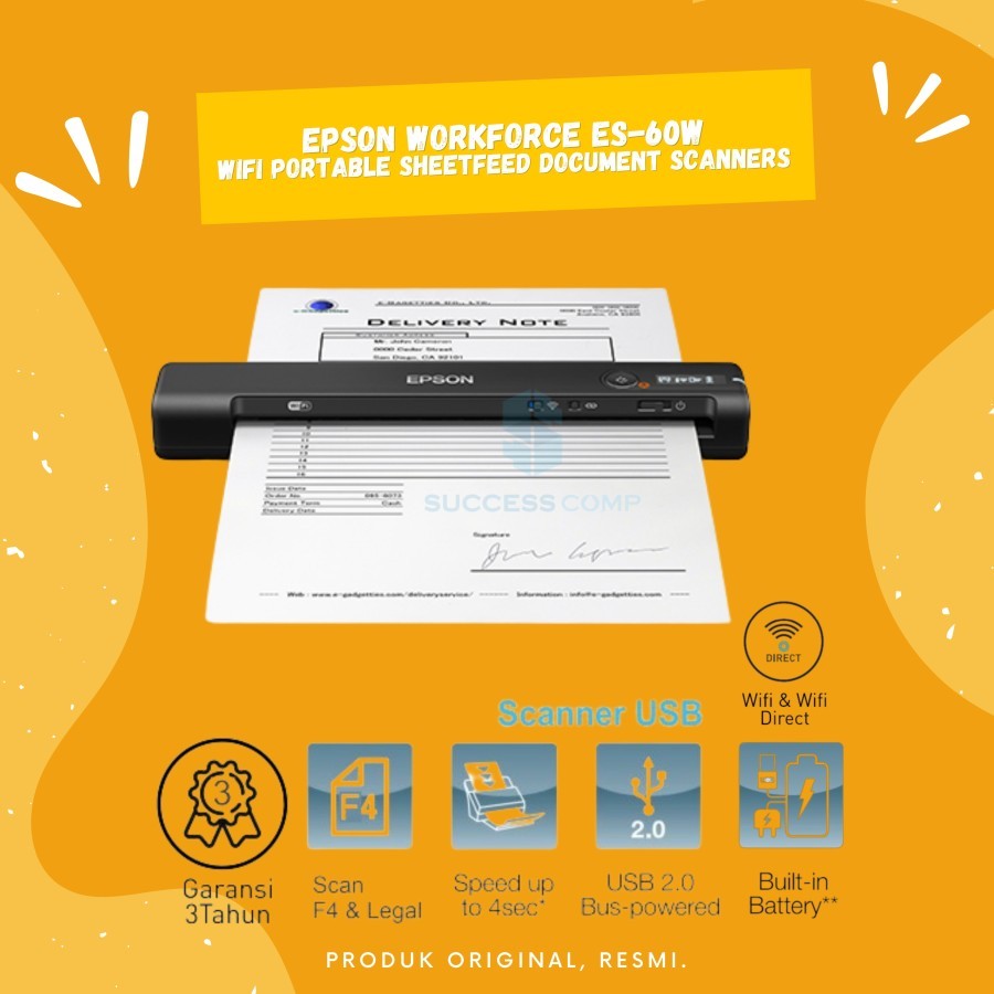 Scaner Epson Es60w Wifi F4 Legal Resmi Garansi