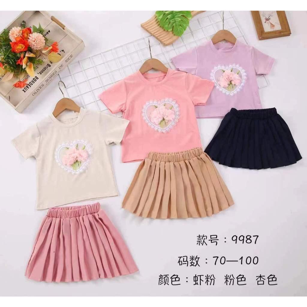 LS Kids | Grosir | #9987 Setelan anak perempuan atasan kaos degan rok plisket | 1-4 thn | Harga per 