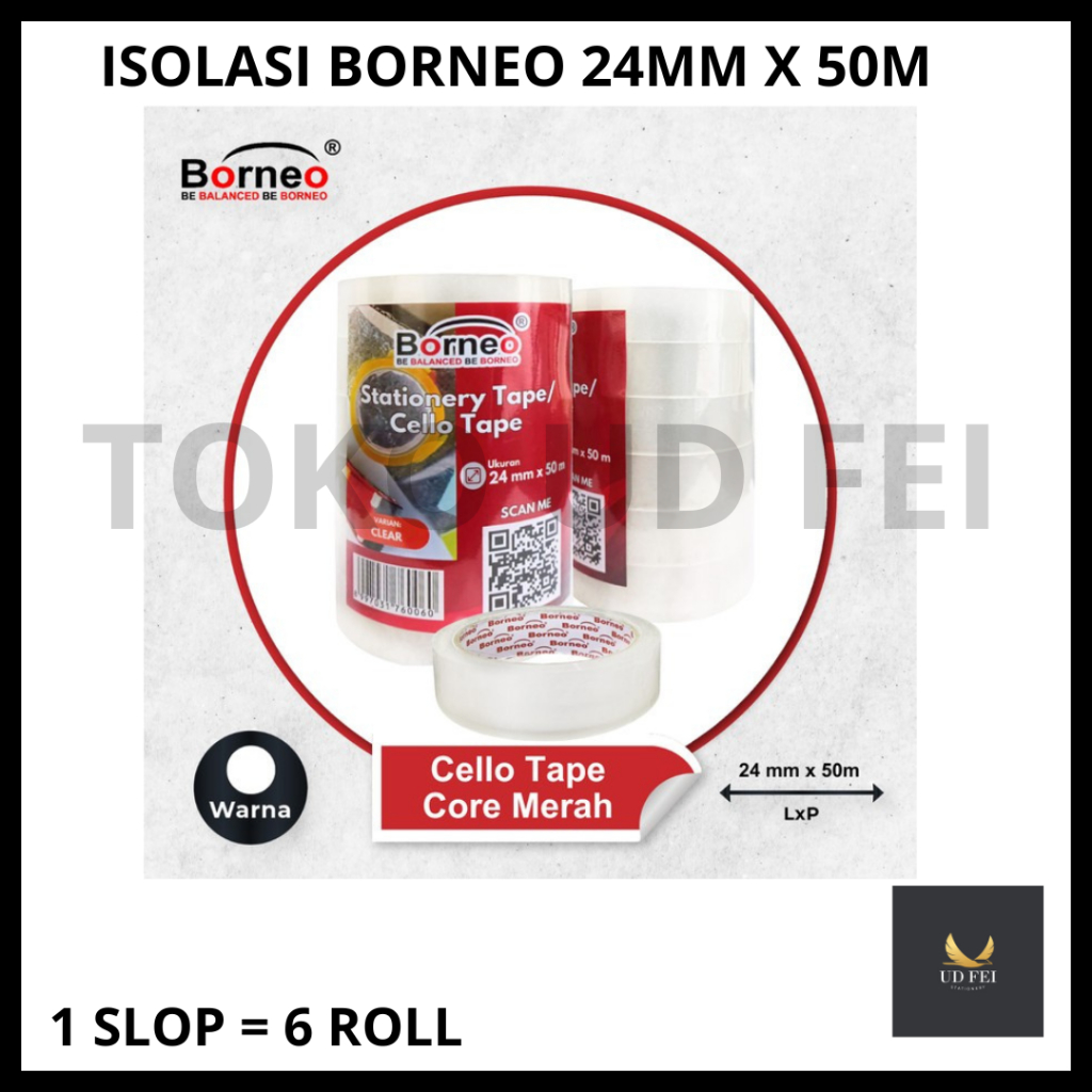 

(1 SLOP= ISI 6 ROLL) Isolasi BORNEO 24mm/ Isolasi BORNEO 2cm/ Selotip Isolasi / solasi BORNEO