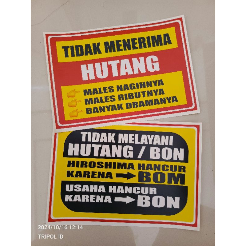 

Stiker Dilarang Hutang ukuran A4 Sehari jadi