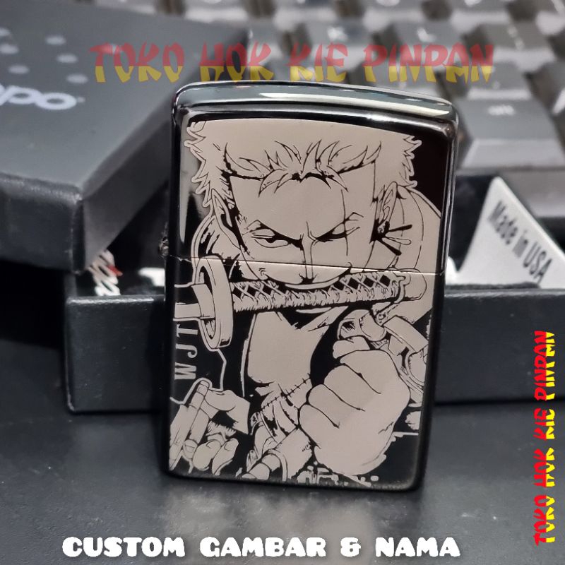 korek api Zippo one piece Zoro fight keren black ice eboni custom grafir foto laser logo ukir nama