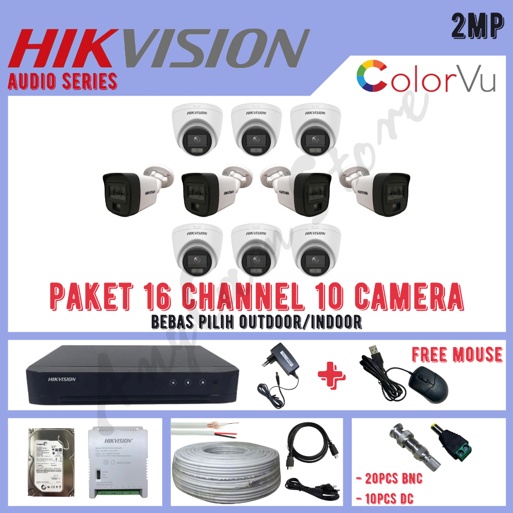 Paket CCTV Hikvision ColorVu 2MP 16 Channel 10 Kamera ColorVu Turbo HD 1080P Audio Series