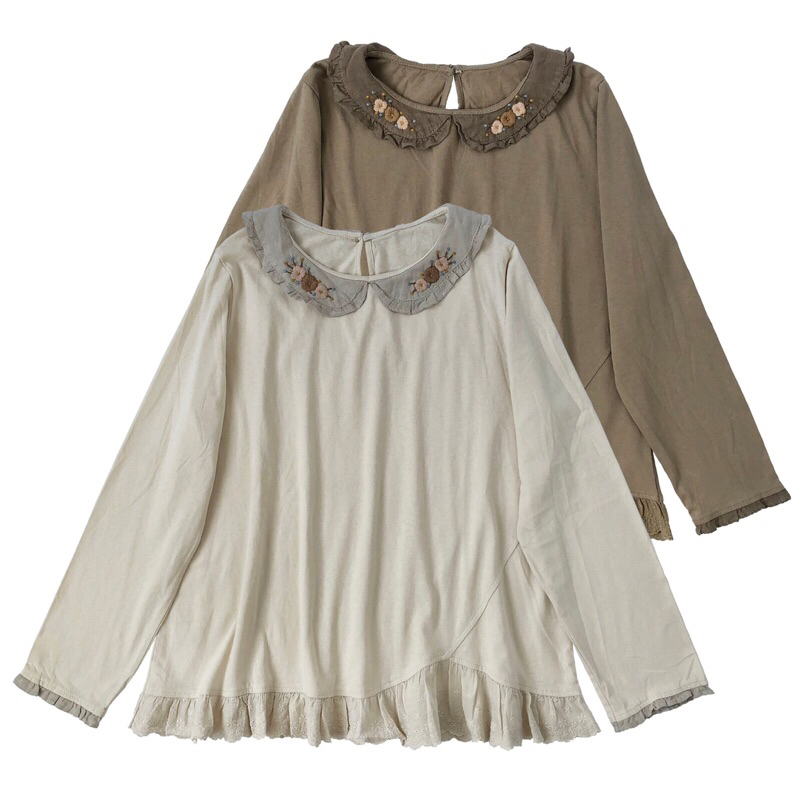 BLUS KAOS COKLAT KREM KERAH LINEN BORDIR BUNGA & RENDA KOREA IMPORT