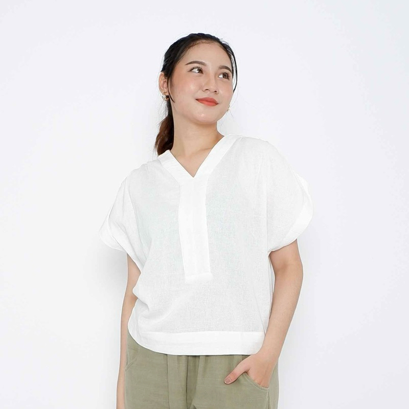 FEMMEWEAR - YORA TOP | blus wanita linen lengan pendek kerah v casual