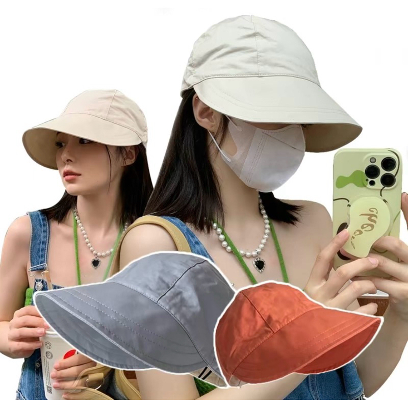 Pantai Outfit Korea Topi Pantai Bucket Visor Pelindung Sinar Matahari Abu Hitam dengan Tali