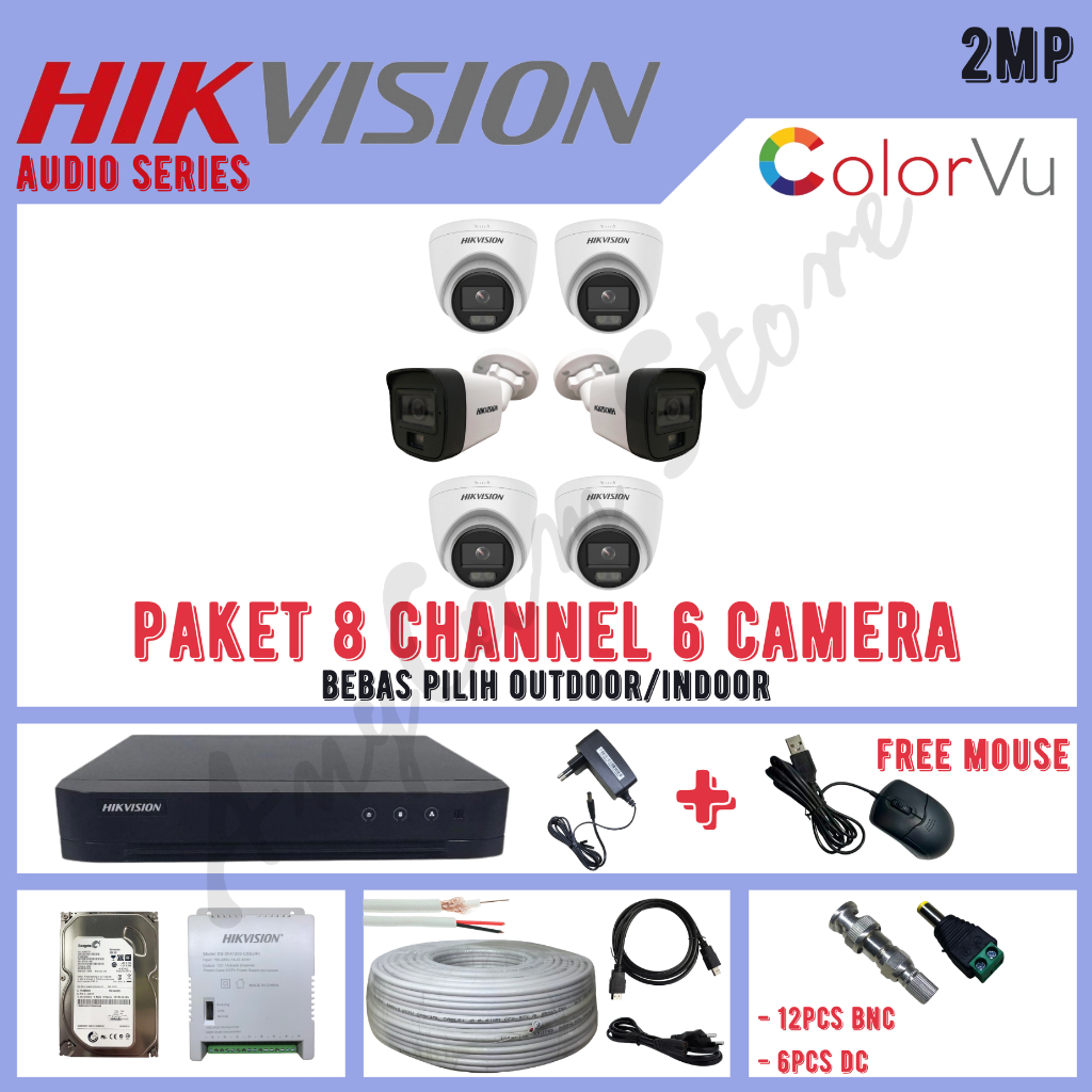 Paket CCTV Hikvision ColorVu 2MP 8 Channel 6 Kamera ColorVu Turbo HD 1080P Audio Series