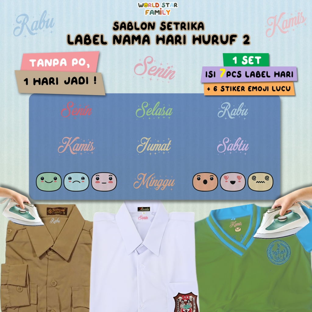 

WSF Stiker Kain Nama HARI HARI SET Souvenir Ulang Tahun Sablon setrika Stiker label STIKER LABEL BAJU MURAH Sablon DTF LABEL KAIN Label seragam sekolah
